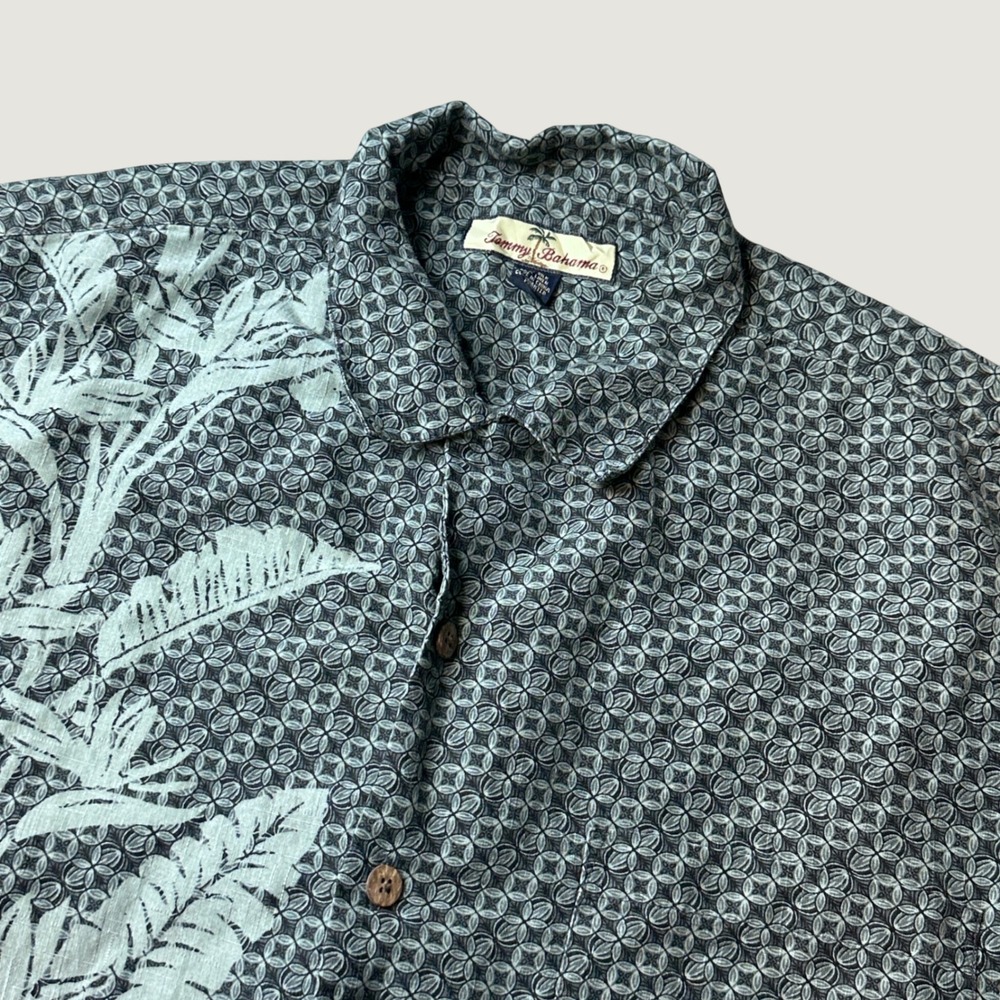 Tommy Bahama Shirt Mens L Relax Linen Gray Green Floral Graphic Button Down
